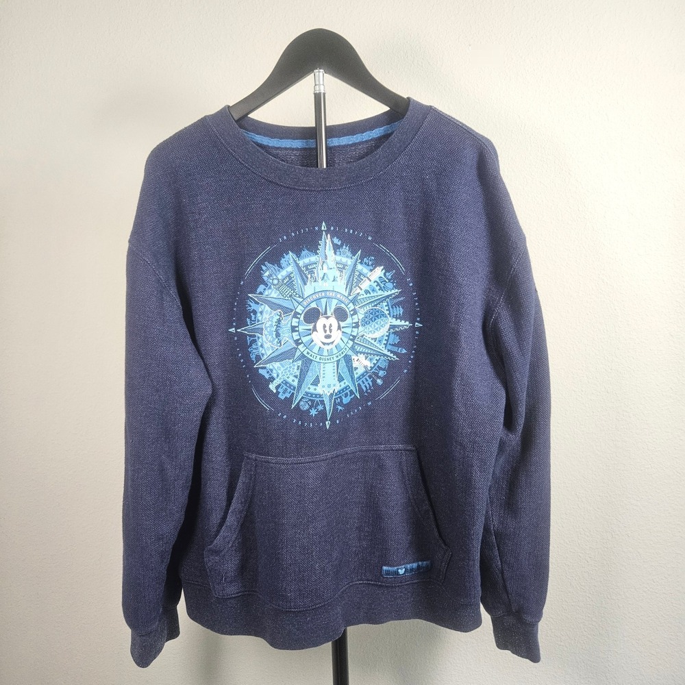 Disney Parks Sweatshirt Mens Medium Navy Waffle Knit Mickey Compass Disneycore